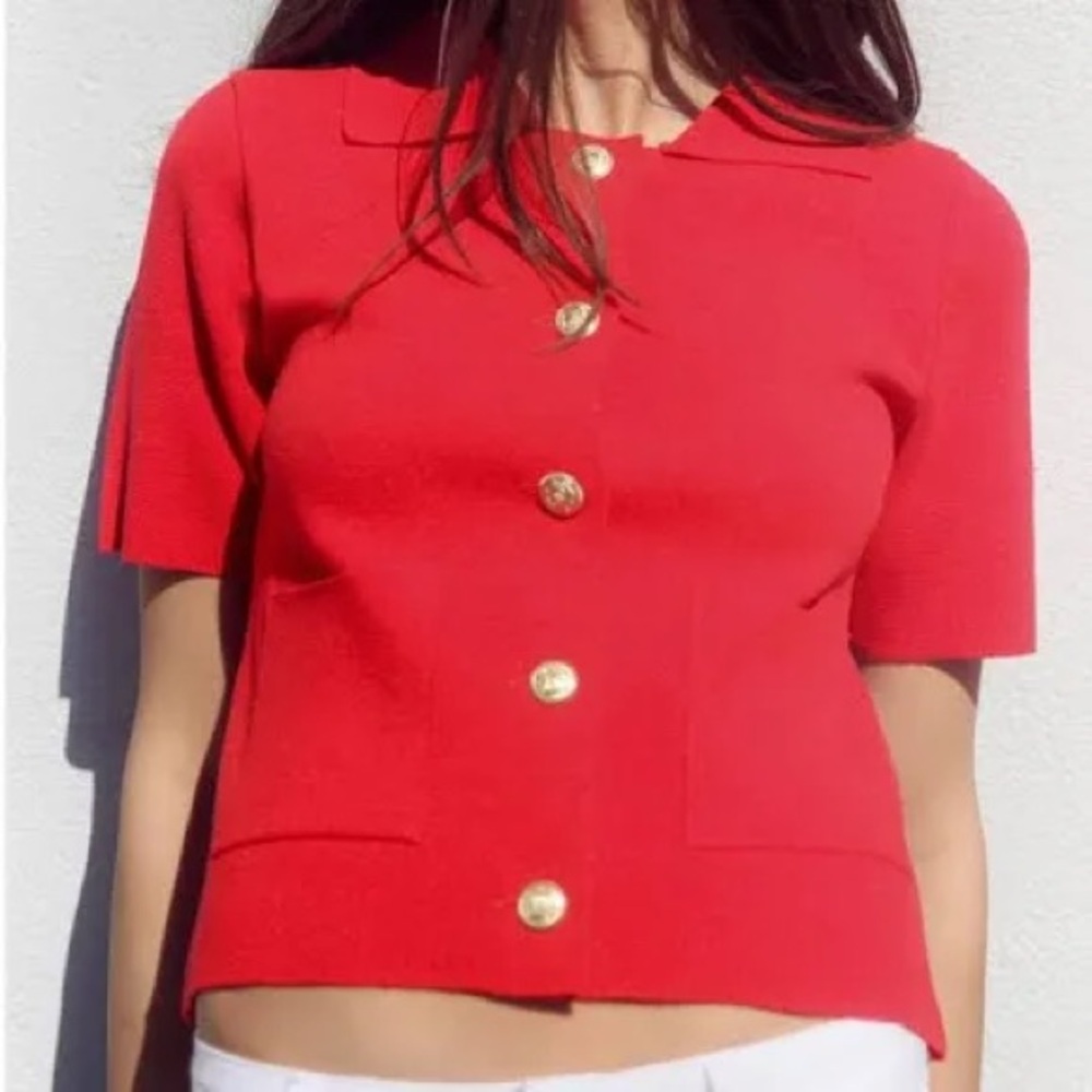 Zara Vibrant Red Cardigan with Gold Accent